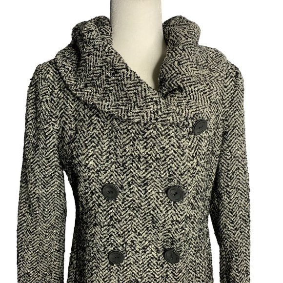 Calvin Klein Tweed Wool Blend Coat 2 Black Grey Herringbone Pockets Tie Belt - Picture 2 of 7